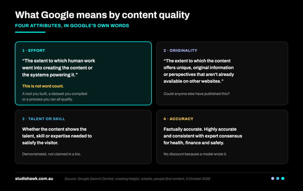 What Google means by content quality: effort, originality, talent or skill, and accuracy
